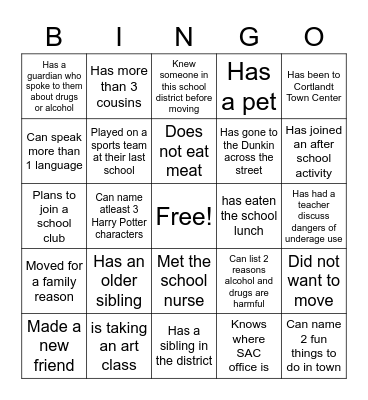 Newcomers BINGO Card