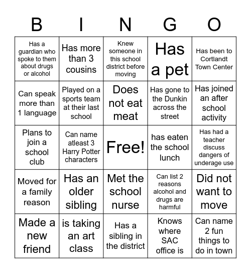 Newcomers BINGO Card