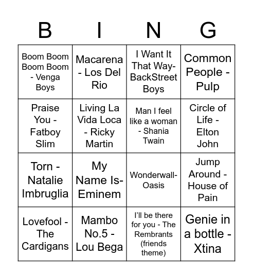 90's Bingo! Bingo Card