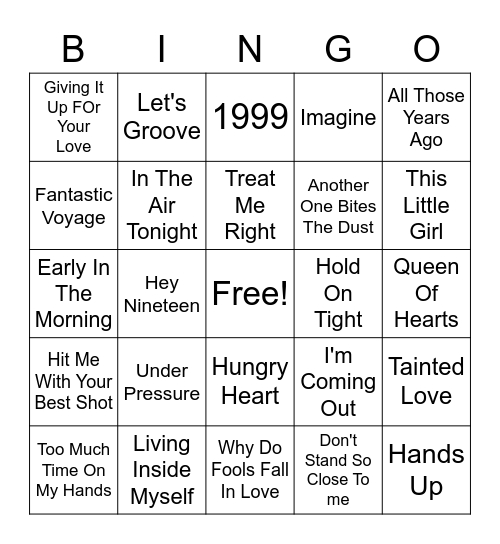 80s Hits Bingo Card