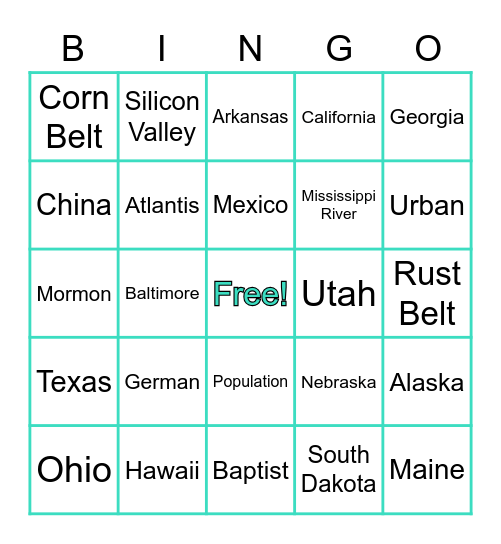 Class Slide Bingo: American Regions Bingo Card