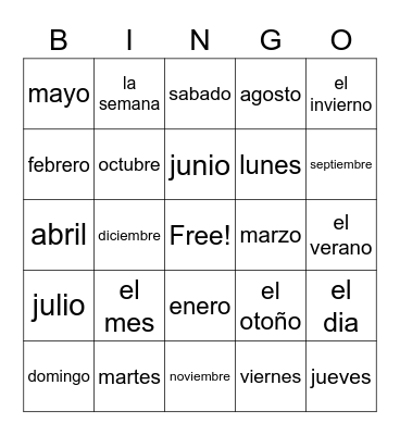 Spanish Calendar Bingo Card