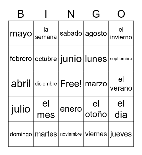 Spanish Calendar Bingo Card