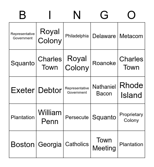 Chapter 3 - Colonial America Bingo Card