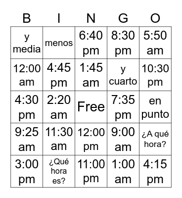 Telling Time Bingo Card
