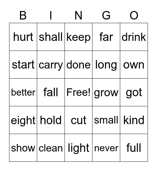 Sight Words Bingo Card