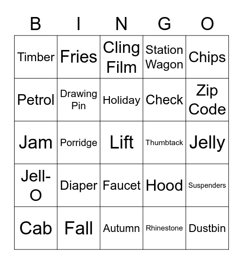 American Bingo Card