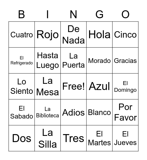 Spanish Bingo! Bingo Card