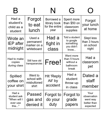 Never Have I Ever Teacher Version Bingo Card