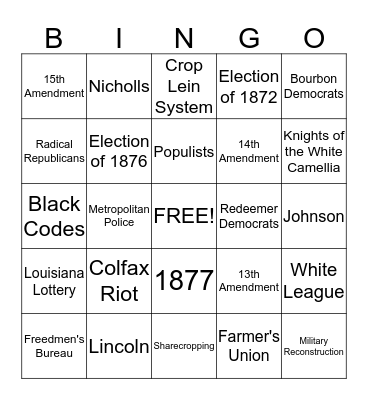 Reconstruction Bingo Card
