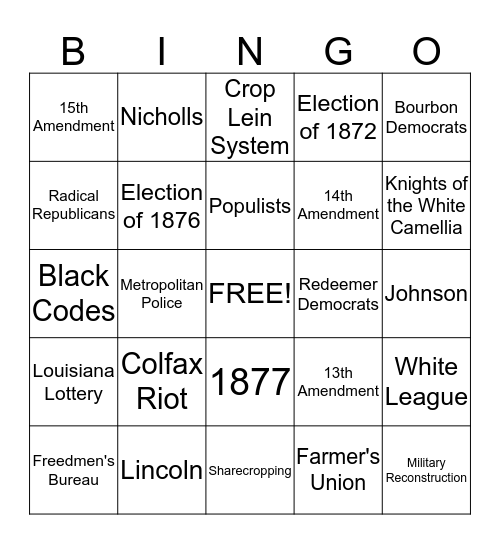 Reconstruction Bingo Card