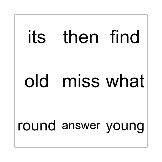 High Frequency Word Bingo Card