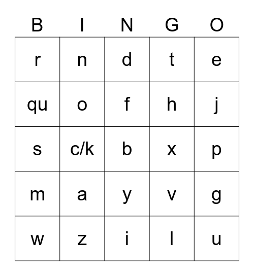 Lowercase letters BINGO Card
