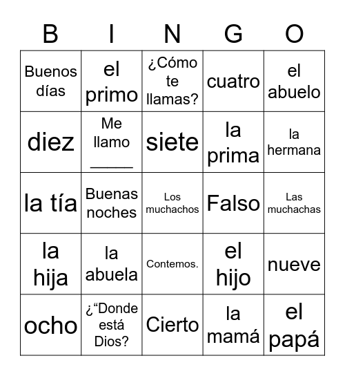 3/4 Bingo Unit 1 Bingo Card