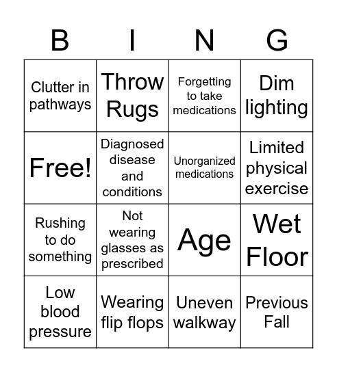Fall Risk Bingo Card
