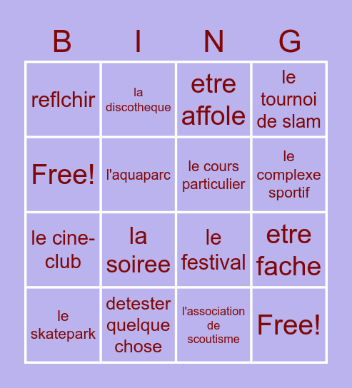 French Vocab Bingo Card