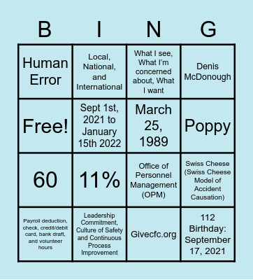 Combine Federal Campaign (CFC) Bingo Card