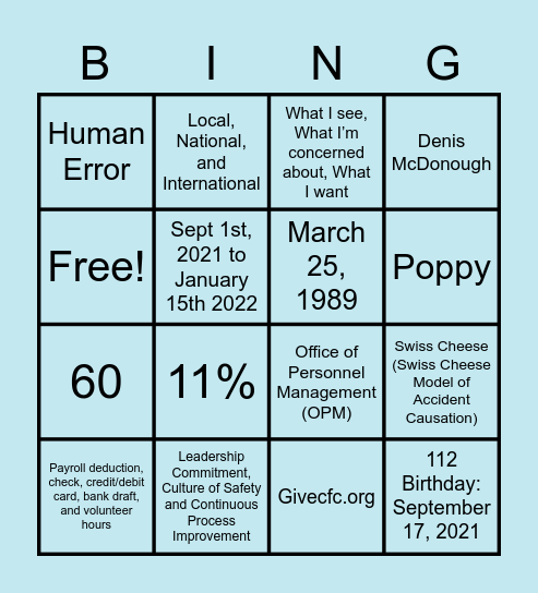 Combine Federal Campaign (CFC) Bingo Card