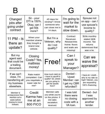 MORTGAGE BINGO! Bingo Card
