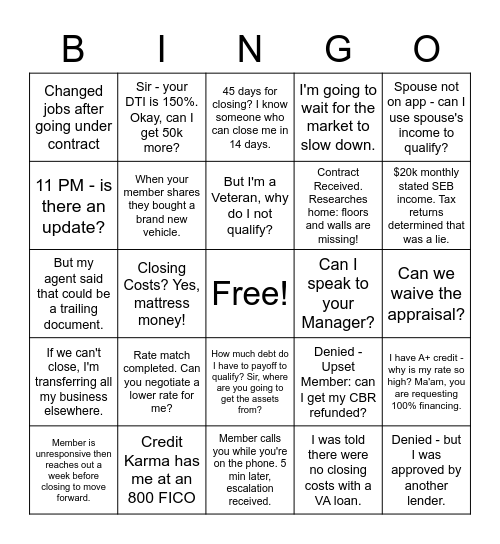 MORTGAGE BINGO! Bingo Card