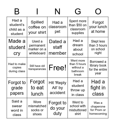Never Have I Ever Teacher Version Bingo Card