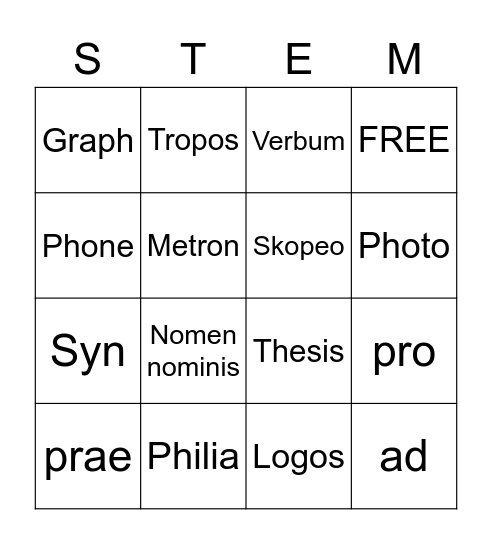STEMS 1-20 Bingo Card