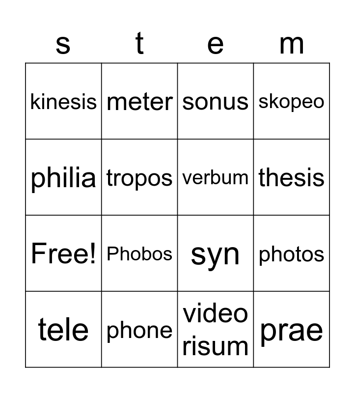 stems 1-20 Bingo Card
