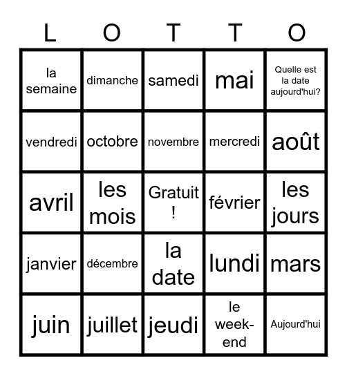 French months & days Bingo Card