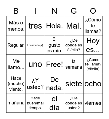 Spanish I Preliminary Chapter Bingo Card