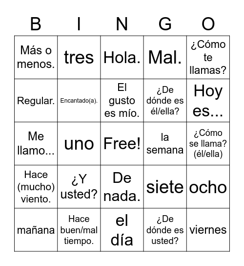Spanish I Preliminary Chapter Bingo Card