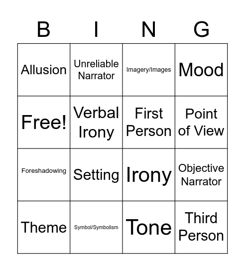 Lit Terms Bingo Card
