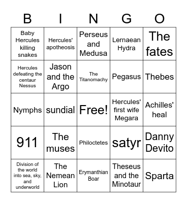Disney's Hercules Mythology Bingo Card