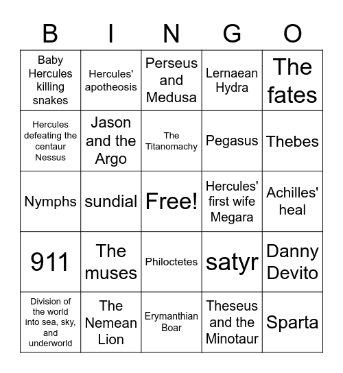 Disney's Hercules Mythology Bingo Card