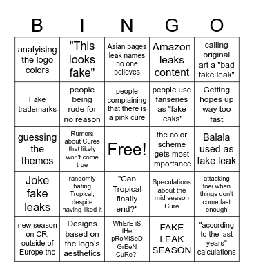 PreCure Leak Season BINGO Card