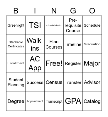Amarillo College Advising Bingo Card