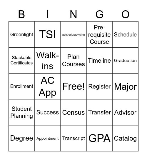 Amarillo College Advising Bingo Card