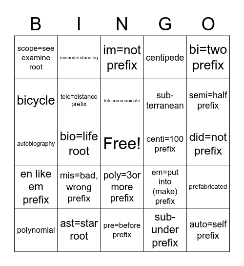 Prefixes and Roots 1 Bingo Card