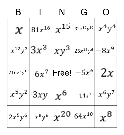 Exponents Bingo Card