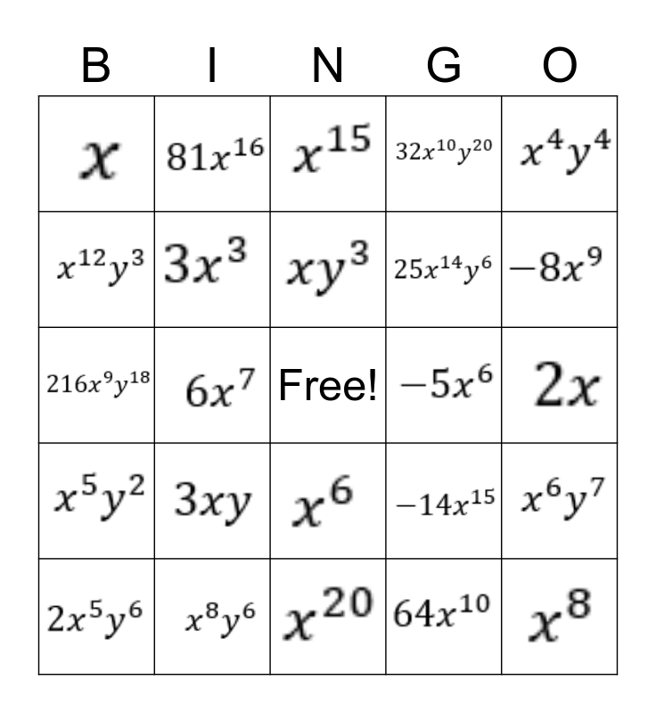 Exponents Bingo Card