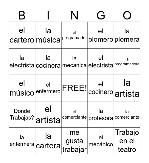 Las Profesiones Bingo Card