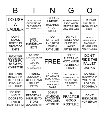 SAFETY DO'S AND DONT'S Bingo Card
