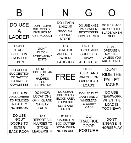 SAFETY DO'S AND DONT'S Bingo Card