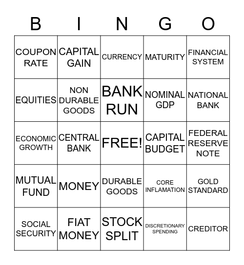 Economic Vocabulary Bingo Card