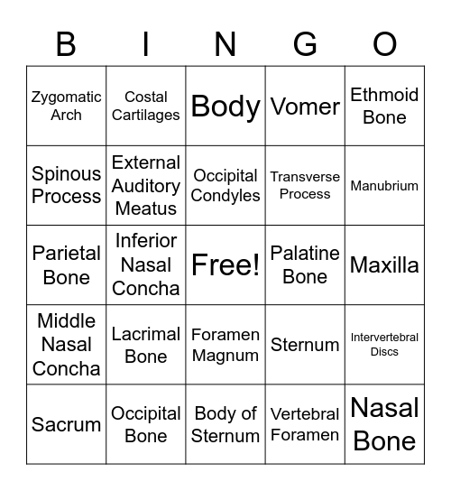 Axial Skeleton Bingo Card