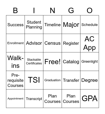 Amarillo College Advising Bingo Card