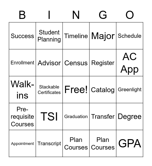 Amarillo College Advising Bingo Card