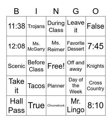 Intro Day Bingo Card