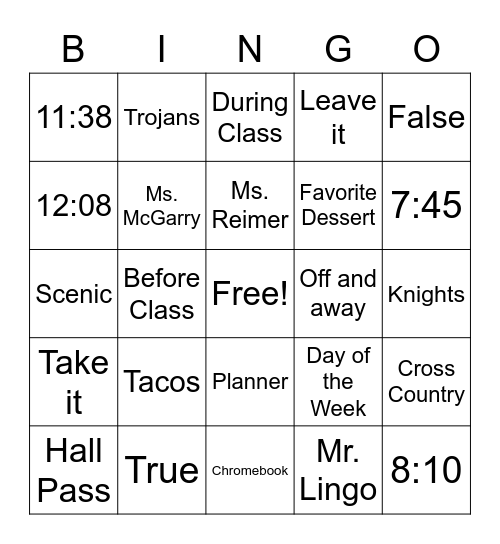 Intro Day Bingo Card