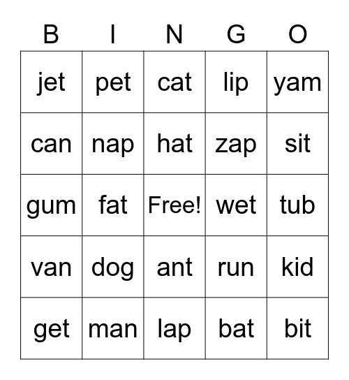 CVC Word Bingo Card