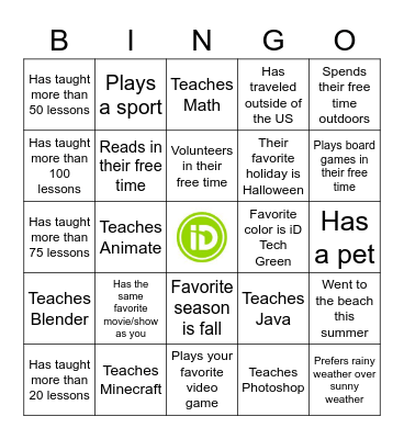 iD Instructor Bingo Card